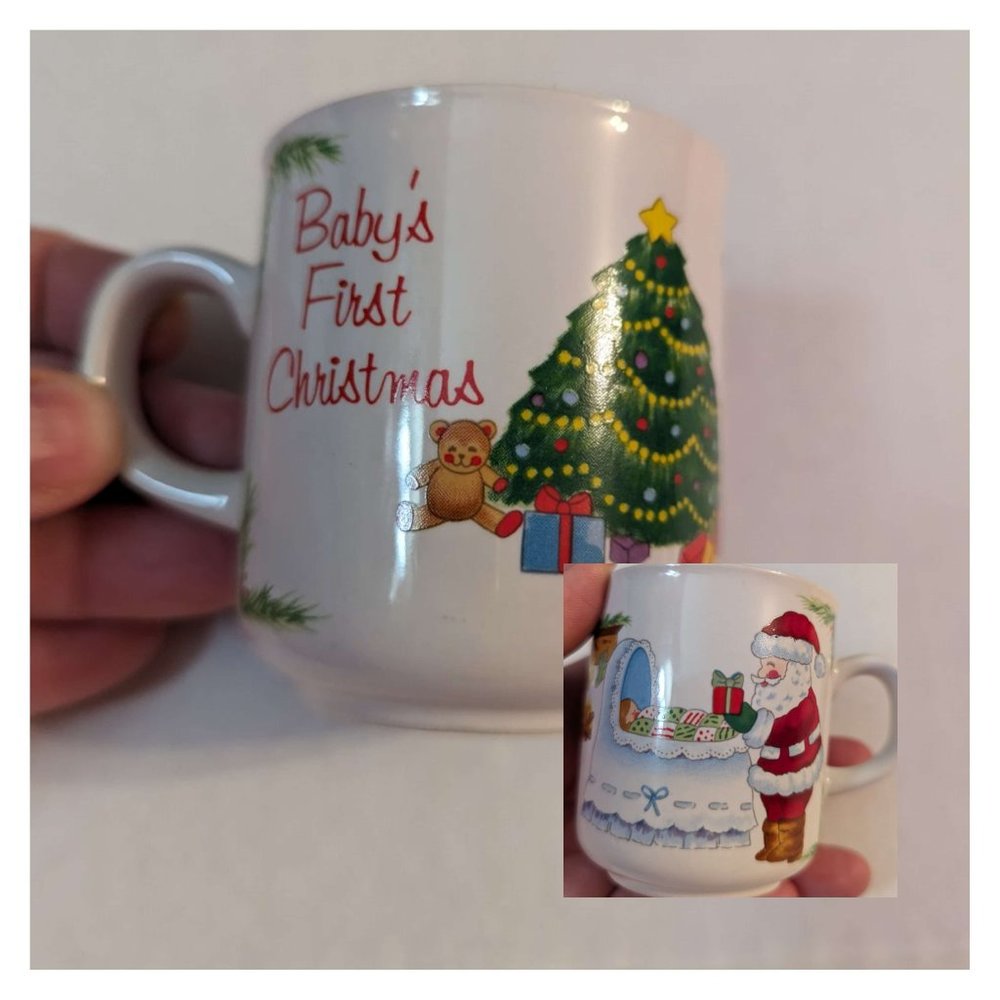 80's Russ Baby's First Christmas mug Santa bassinet Tree mini almost 3" ceramic‎